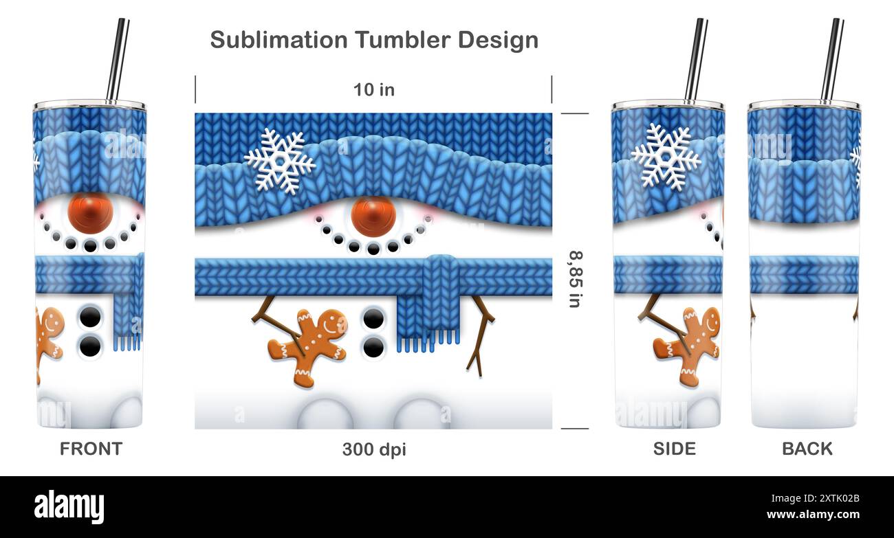 Divertente pupazzo di neve natalizio. Design a sublimazione per bicchiere magro da 20 once. Illustrazione della sublimazione. Senza cuciture da bordo a bordo. Avvolgimento completo. Foto Stock
