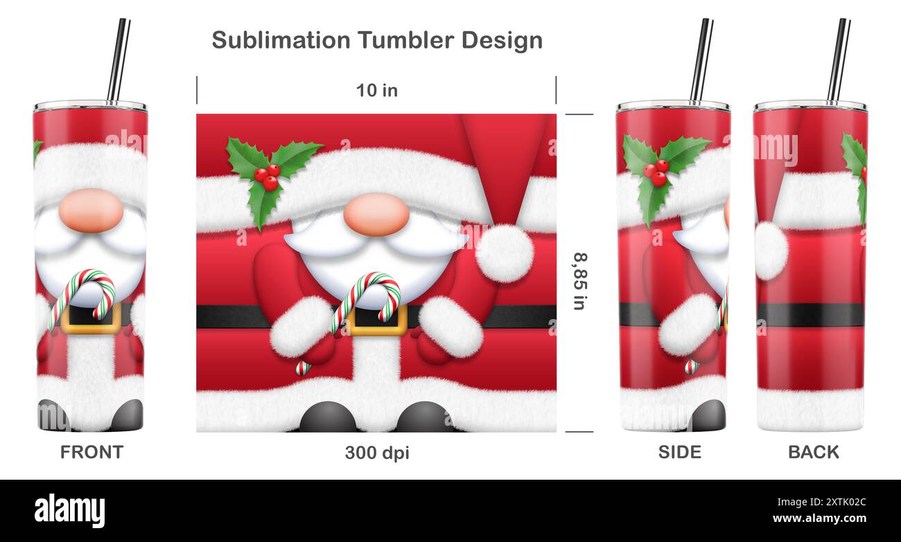 Natale divertente Babbo Natale. Design a sublimazione per bicchiere magro da 20 once. Illustrazione della sublimazione. Senza cuciture da bordo a bordo. Avvolgimento completo. Foto Stock