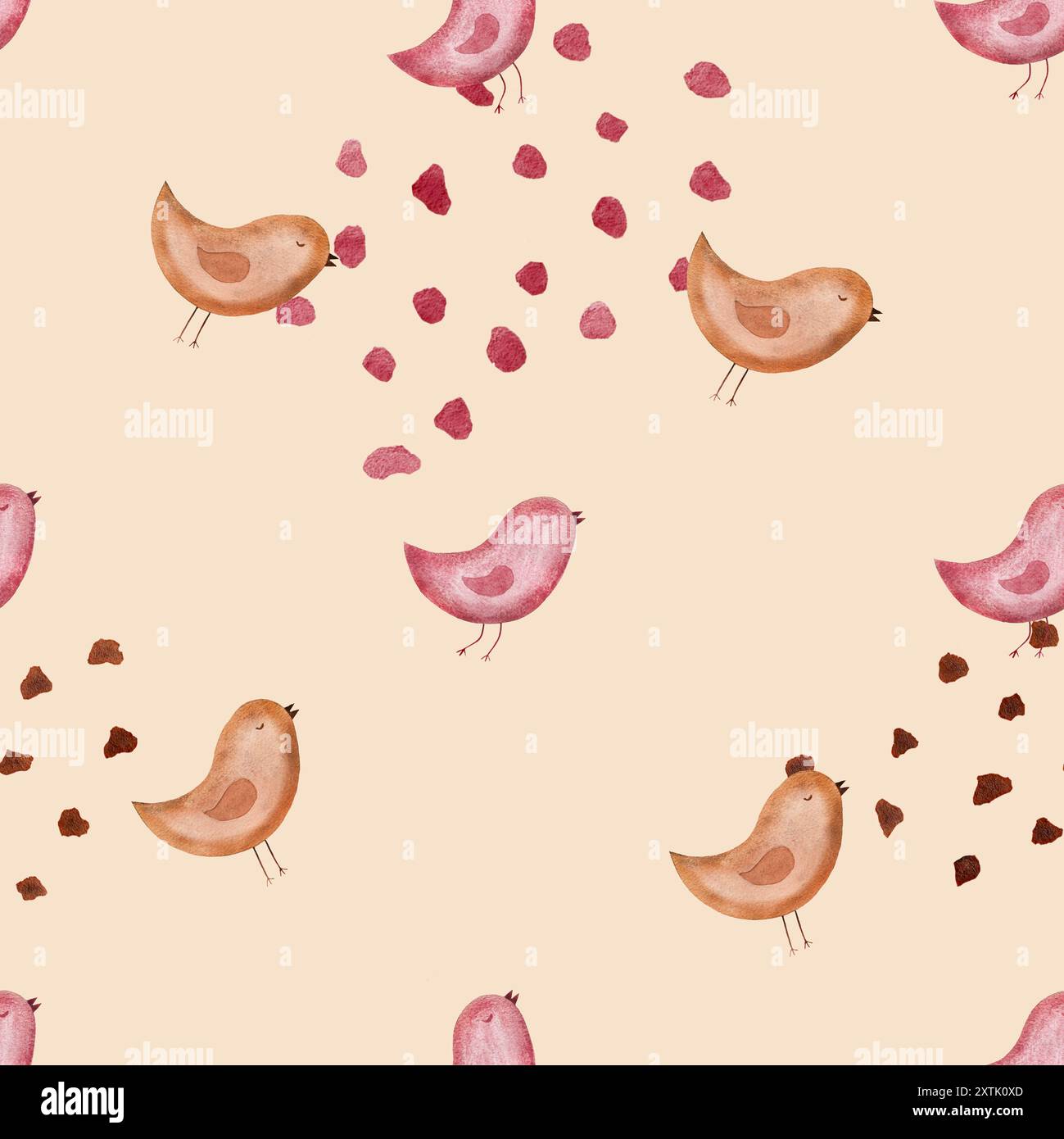 Simpatico motivo senza cuciture per i bambini con uccelli e punte rosa e marrone. Illustrazione ad acquerello fatta a mano su sfondo rosa. Per carta da imballaggio, tessuto Foto Stock