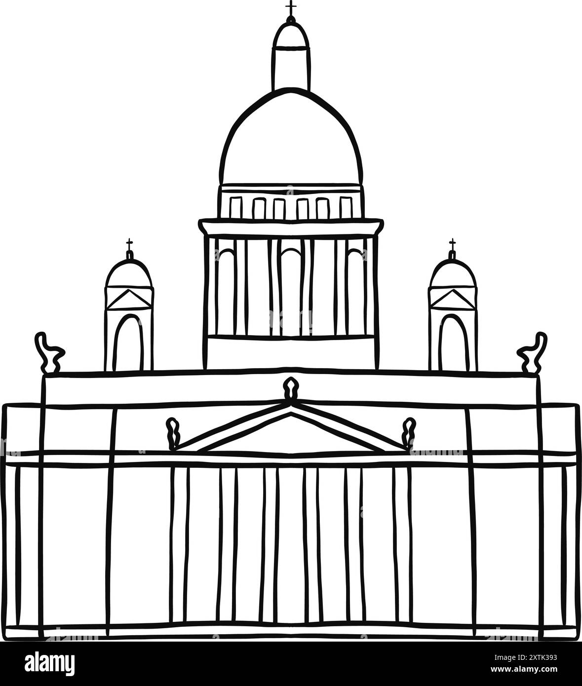 Cattedrale di Sant'Isacco a San Pietroburgo illustrazione disegnata a mano a doodle. Elemento nero di schizzo trasparente isolato per la progettazione. Illustrazione Vettoriale