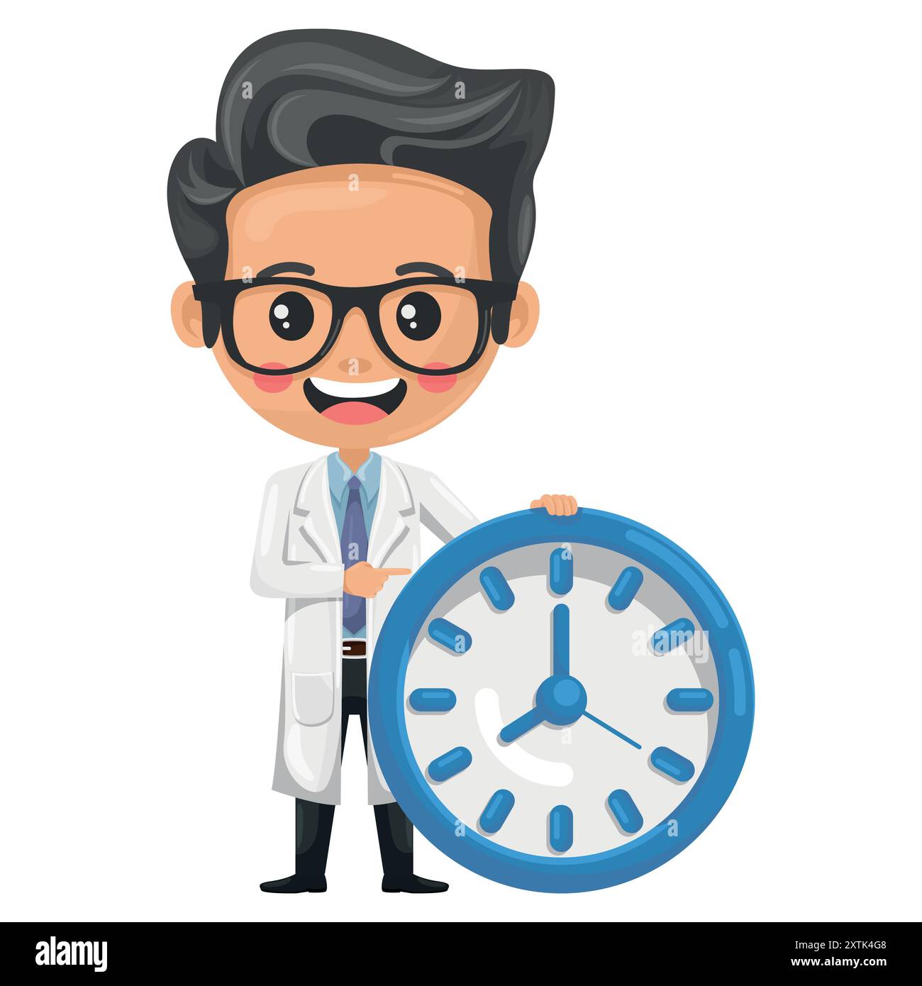 Cartone animato di medico con orologio. Gestione efficiente del tempo, urgenza in situazioni critiche, puntualità nell'assistenza ai pazienti e medico a pressione costante Illustrazione Vettoriale