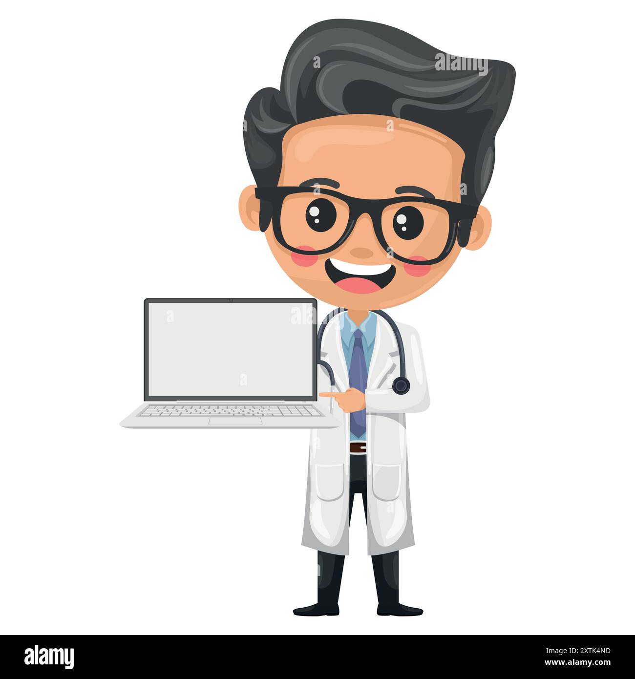 Cartone animato personaggio medico con un portatile. Integrazione tecnologica nella pratica medica. Strumenti digitali per migliorare l'assistenza ai pazienti, gestire informazioni e cond Illustrazione Vettoriale