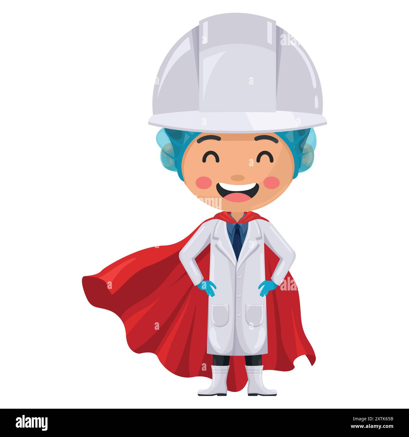 Supervisore del controllo qualità nella linea di produzione alimentare che indossa il suo mantello supereroe. Supereroe ingegnere per la sicurezza alimentare. Ingegnere dell'industria alimentare. Scienza, tecno Illustrazione Vettoriale