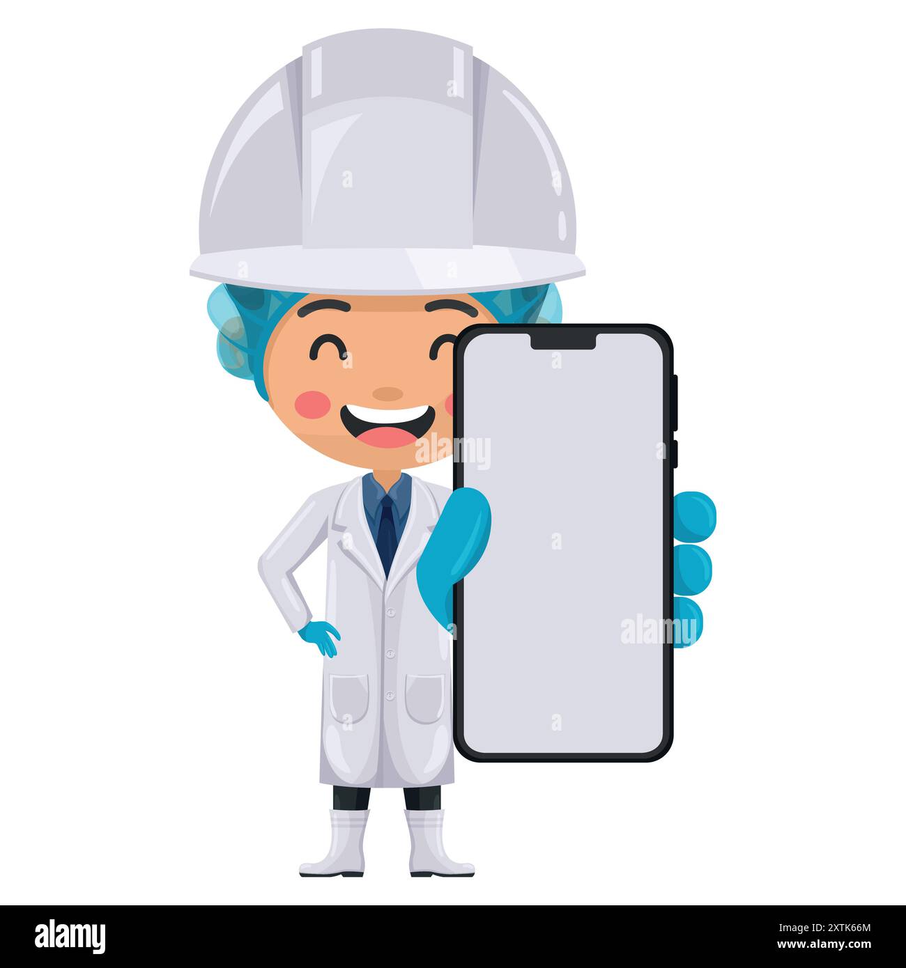 Supervisore del controllo qualità con telefono cellulare. Comunicazione, notifica e contatto. Ingegnere dell'industria alimentare. Capo sicurezza alimentare. Scienza, tecnologia Illustrazione Vettoriale