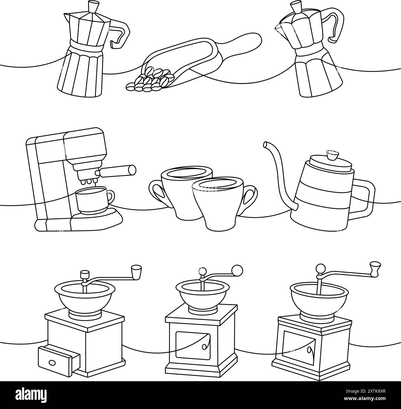 Set da caffè. Macchina per il caffè italiana, paletta in legno, macchina per il caffè, tazze per espresso, bollitore a collo d'oca, illustrazione a una riga continua delle smerigliatrici. Illustrazione Vettoriale