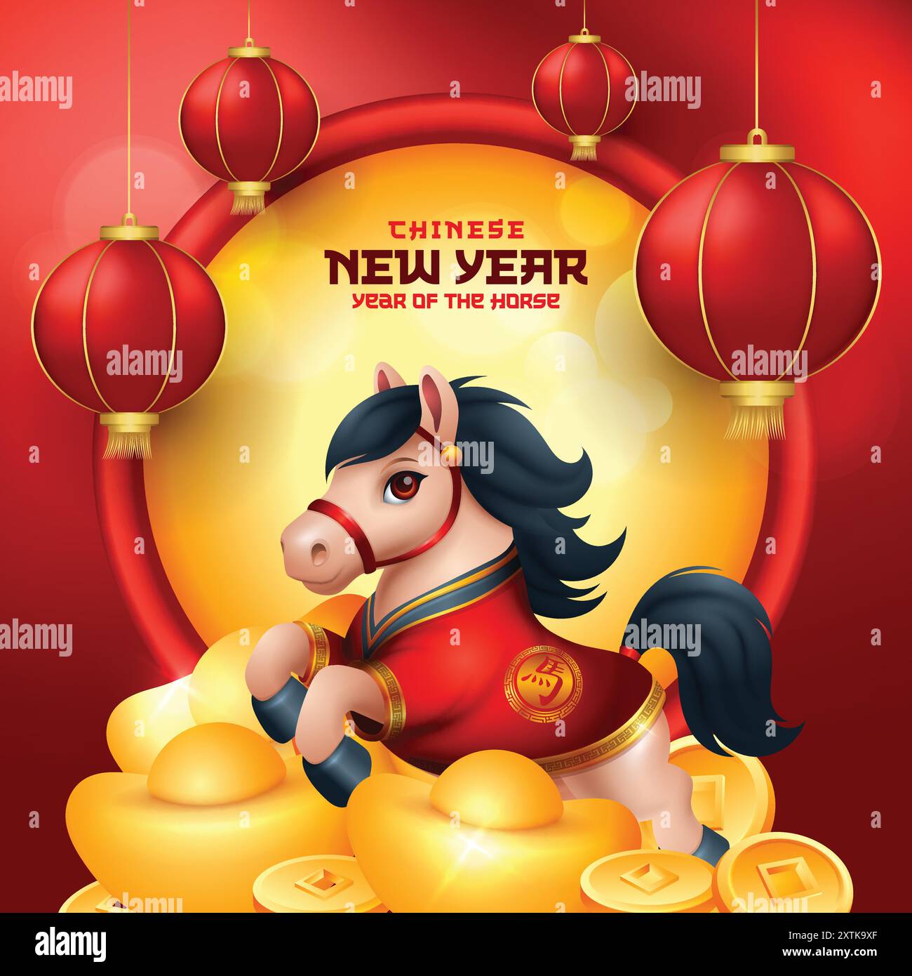 Capodanno cinese 2026 sfondo, anno del cavallo con simpatiche illustrazioni 3d. Traduzione : Cavallo Illustrazione Vettoriale