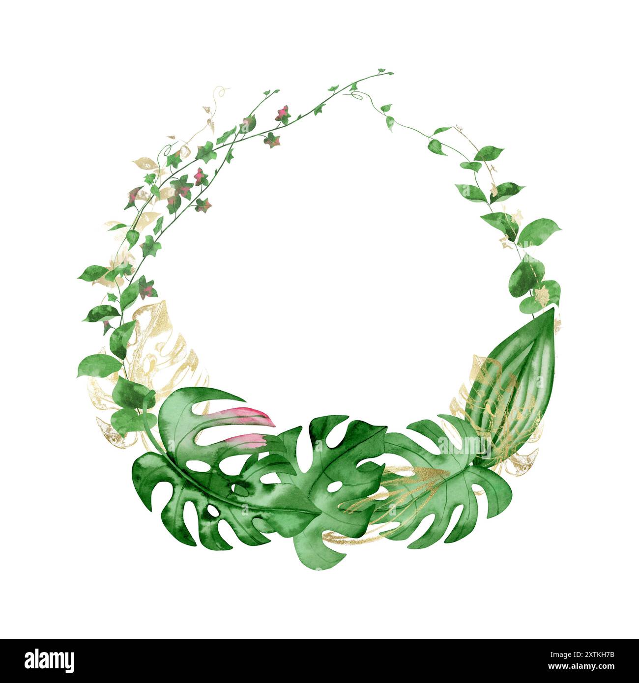 Corona di cornici disegnata a mano con foglie di verde tropicale e oro Foto Stock