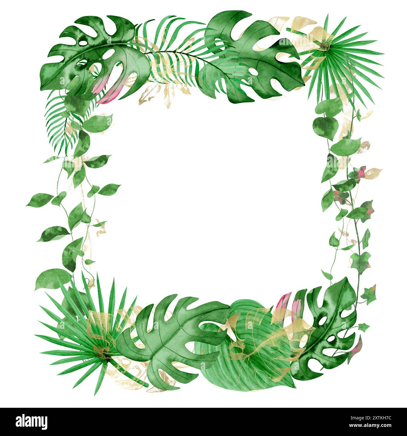 Corona di cornici disegnata a mano con foglie di verde tropicale e oro Foto Stock