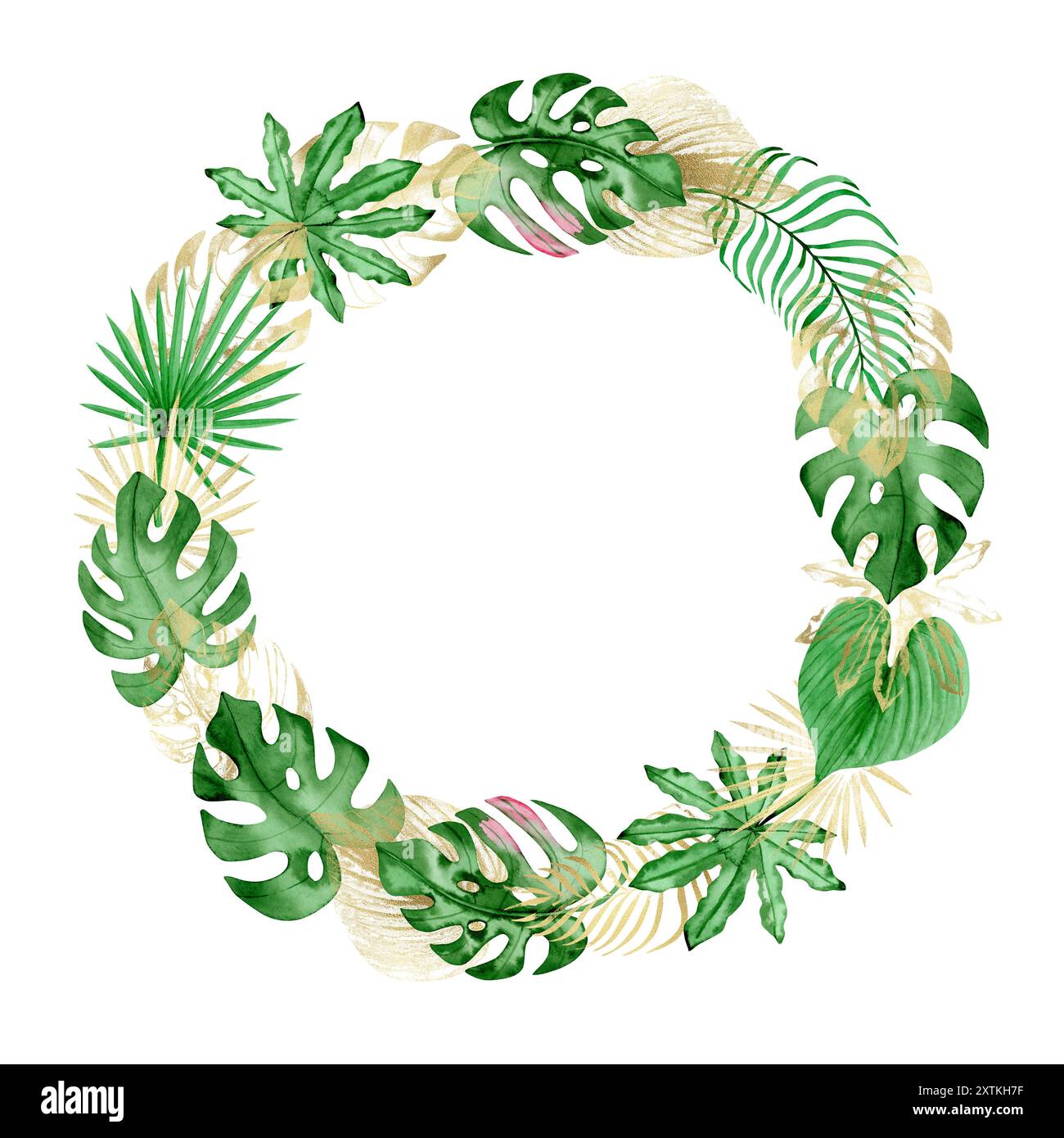 Corona di cornici disegnata a mano con foglie di verde tropicale e oro Foto Stock