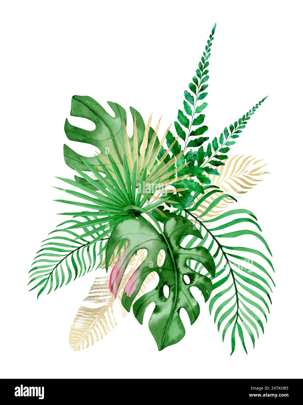 Bouquet di clip art di acquerelli con foglie tropicali di verde e oro, pittura a mano, scrapbooking, biglietti d'auguri Foto Stock