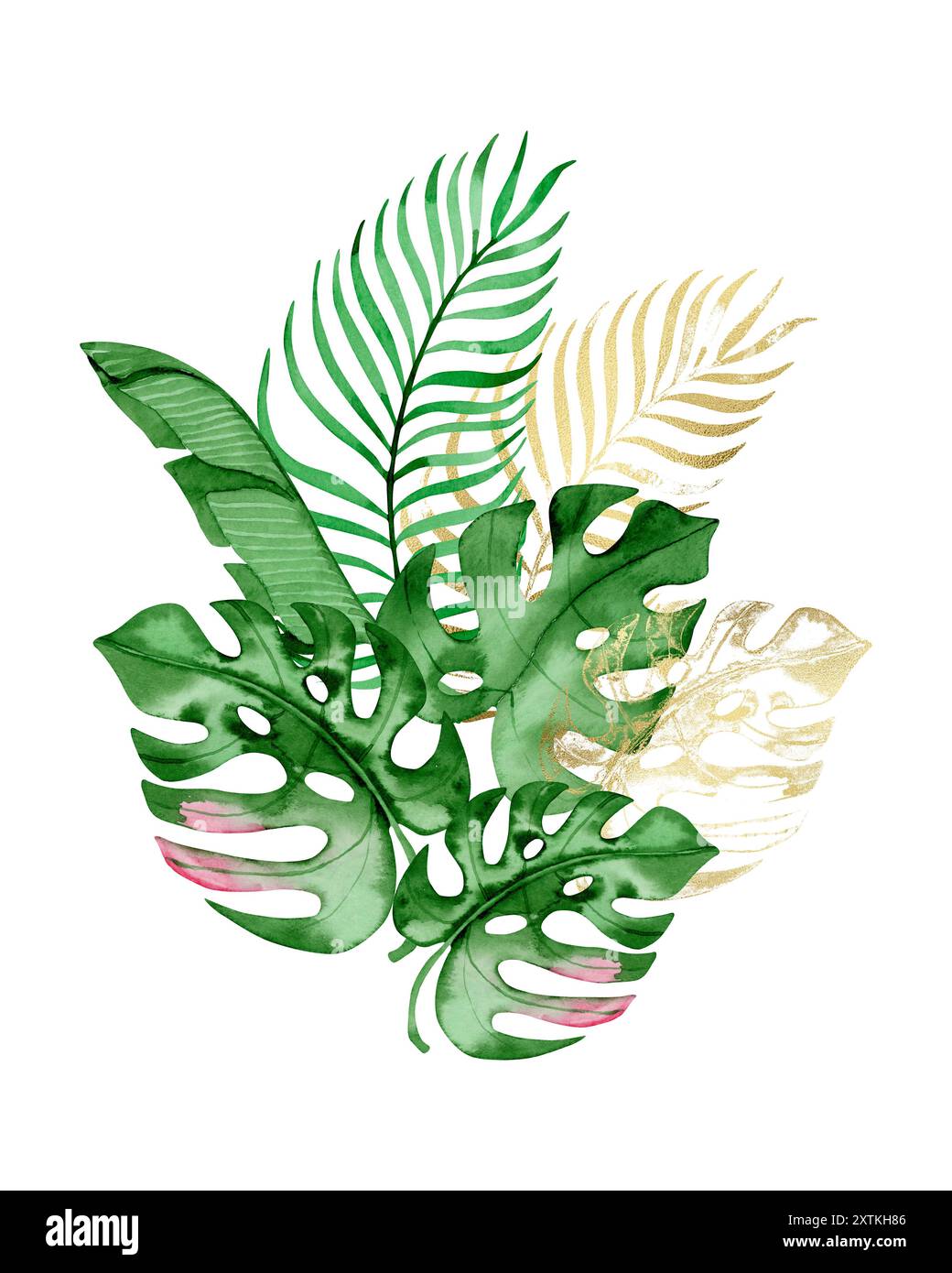 Bouquet di clip art di acquerelli con foglie tropicali di verde e oro, pittura a mano, scrapbooking, biglietti d'auguri Foto Stock