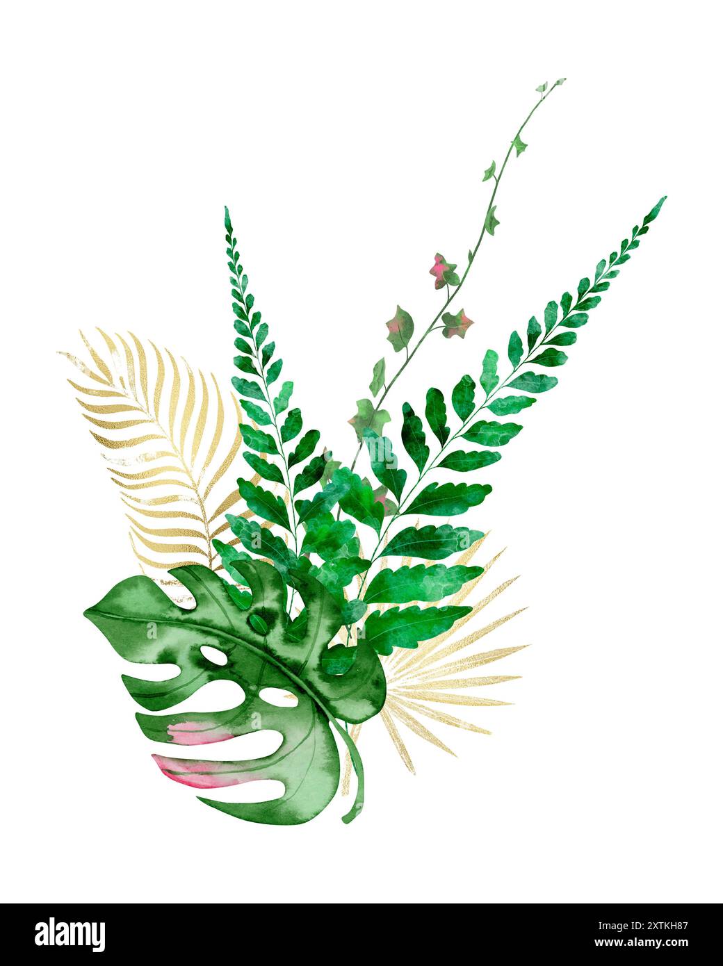 Bouquet di clip art di acquerelli con foglie tropicali di verde e oro, pittura a mano, scrapbooking, biglietti d'auguri Foto Stock
