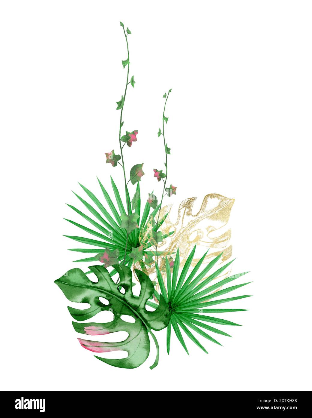 Bouquet di clip art di acquerelli con foglie tropicali di verde e oro, pittura a mano, scrapbooking, biglietti d'auguri Foto Stock