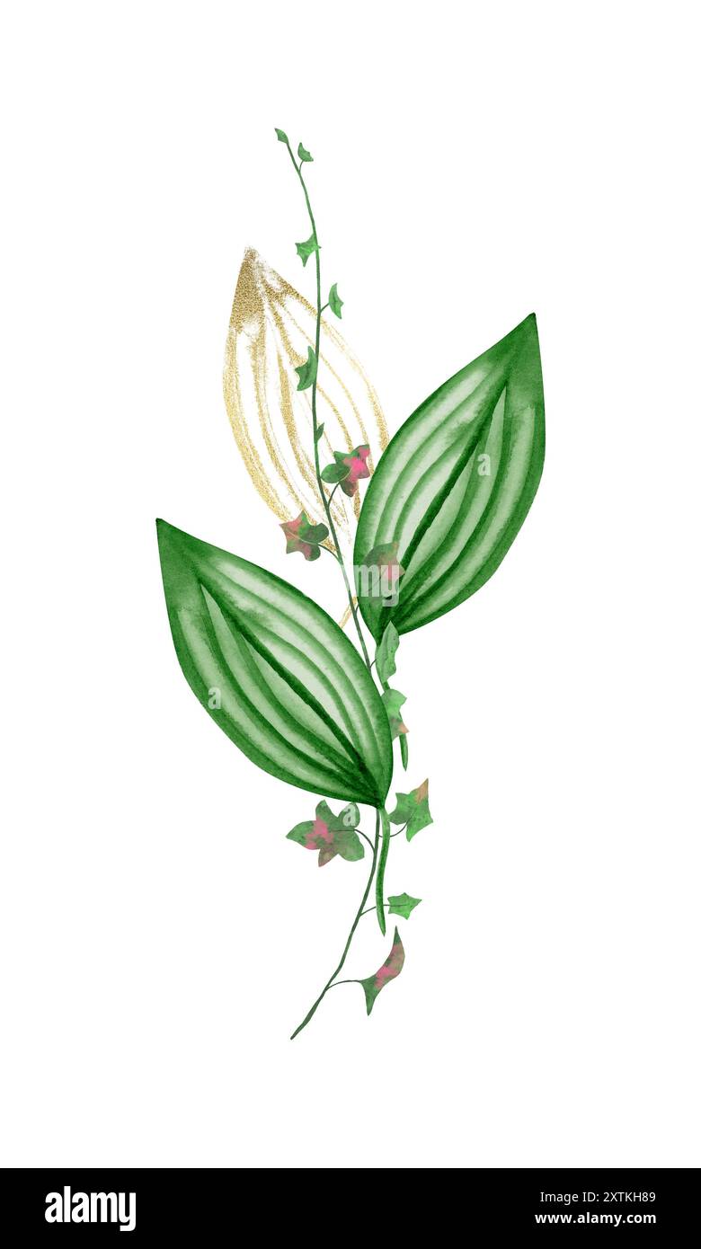 Bouquet di clip art di acquerelli con foglie tropicali di verde e oro, pittura a mano, scrapbooking, biglietti d'auguri Foto Stock