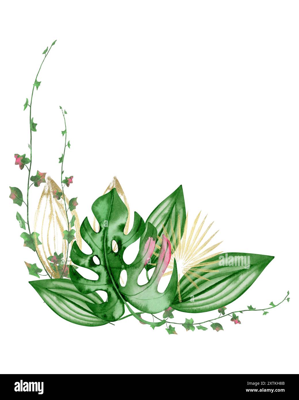 Bouquet di clip art di acquerelli con foglie tropicali di verde e oro, pittura a mano, scrapbooking, biglietti d'auguri Foto Stock