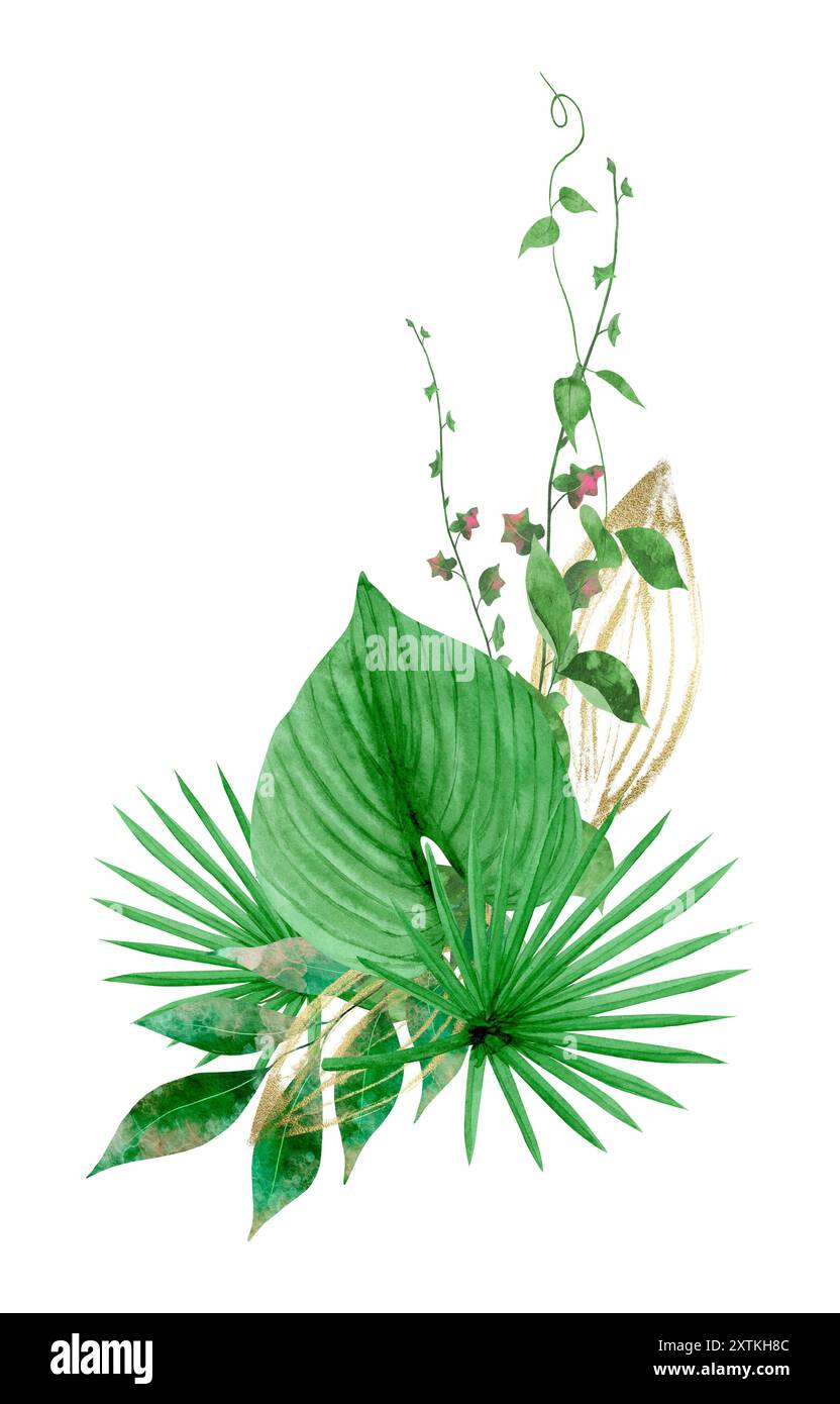 Bouquet di clip art di acquerelli con foglie tropicali di verde e oro, pittura a mano, scrapbooking, biglietti d'auguri Foto Stock