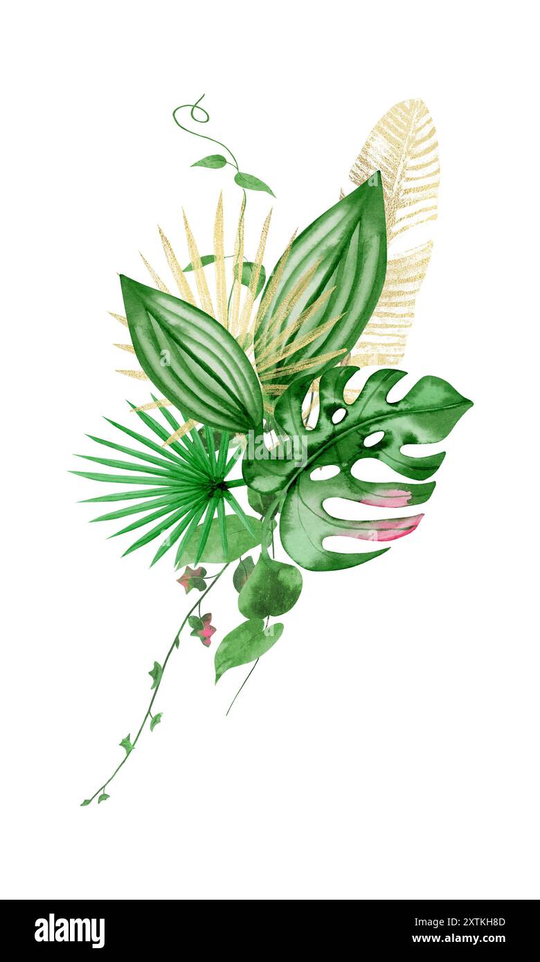 Bouquet di clip art di acquerelli con foglie tropicali di verde e oro, pittura a mano, scrapbooking, biglietti d'auguri Foto Stock