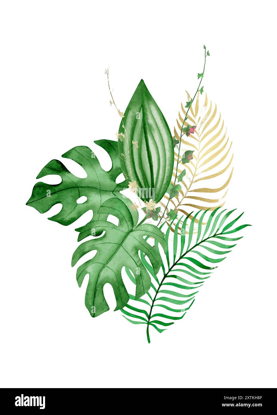 Bouquet di clip art di acquerelli con foglie tropicali di verde e oro, pittura a mano, scrapbooking, biglietti d'auguri Foto Stock
