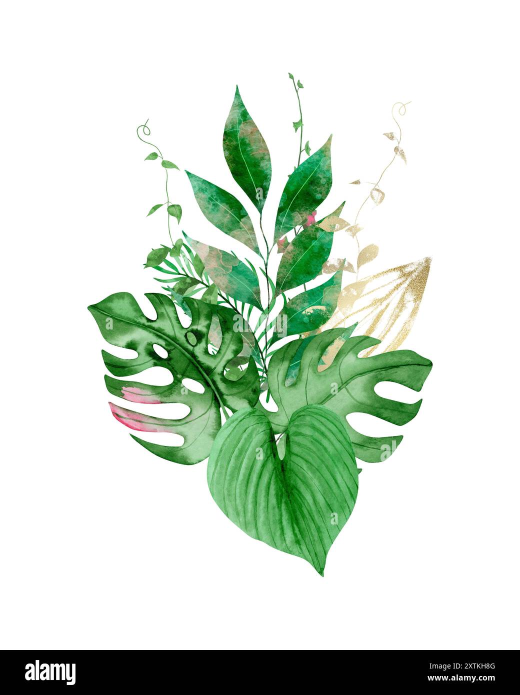 Bouquet di clip art di acquerelli con foglie tropicali di verde e oro, pittura a mano, scrapbooking, biglietti d'auguri Foto Stock