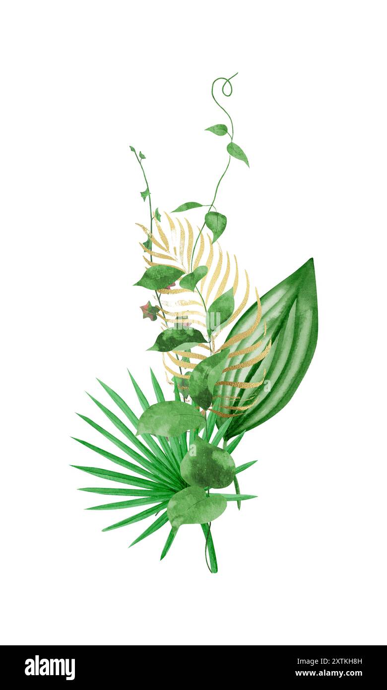 Bouquet di clip art di acquerelli con foglie tropicali di verde e oro, pittura a mano, scrapbooking, biglietti d'auguri Foto Stock