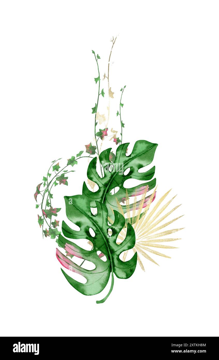 Bouquet di clip art di acquerelli con foglie tropicali di verde e oro, pittura a mano, scrapbooking, biglietti d'auguri Foto Stock