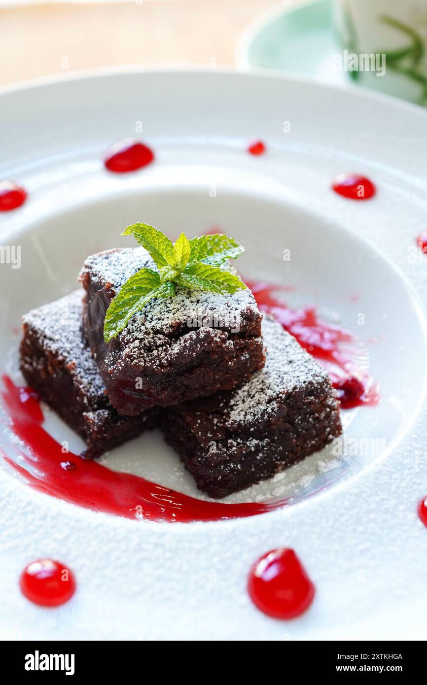 Primo piano di brownie al cioccolato con salsa al lampone Foto Stock