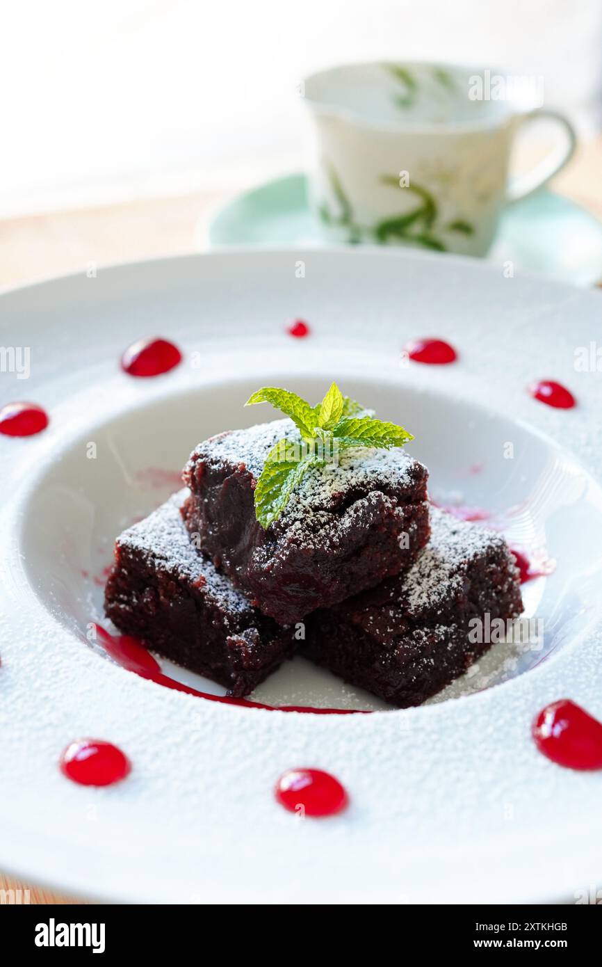 Primo piano di brownie al cioccolato con salsa al lampone Foto Stock
