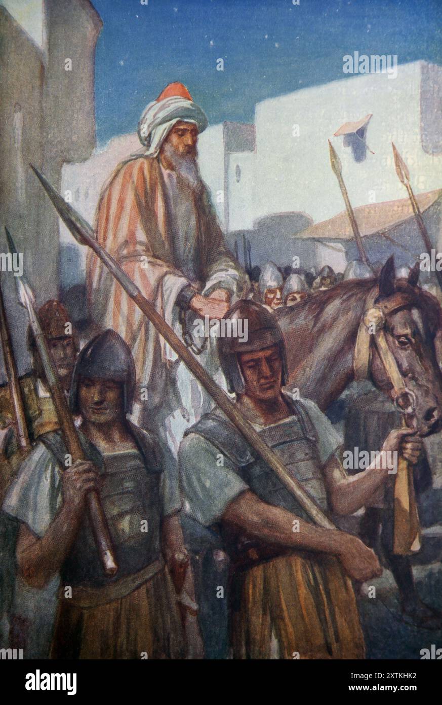 Illustrazione dei soldati romani prendere Paolo di notte da Gerusalemme (atti) dal libro antico del XIX secolo The Precious Gift Bible Stories for Childre Foto Stock