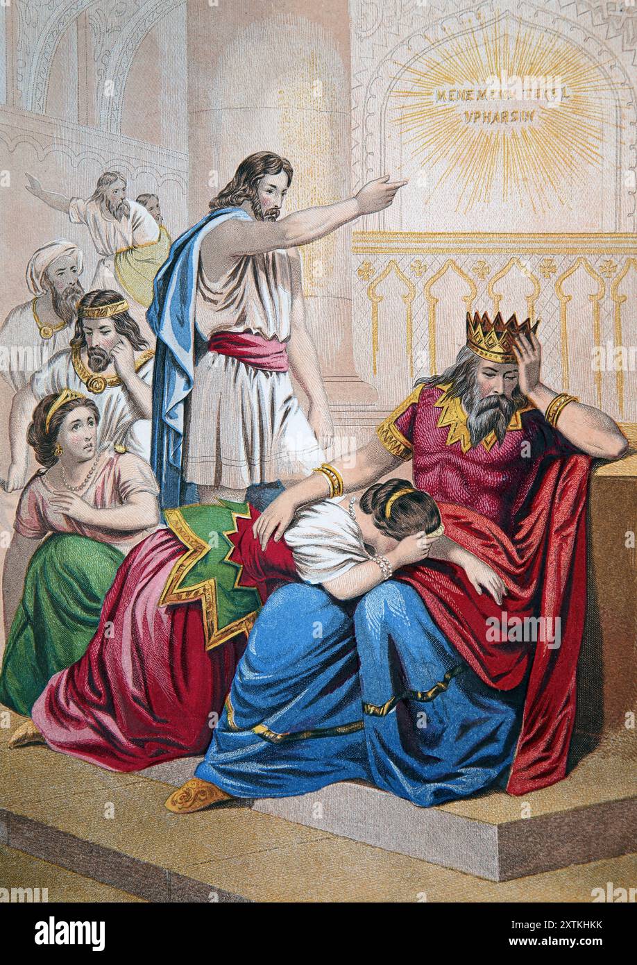 Illustrazione di Daniele che interpreta la calligrafia sul muro durante la Festa di Belshazzar (Daniel) dall'Antica Sacra scrittura del XIX secolo con Foto Stock