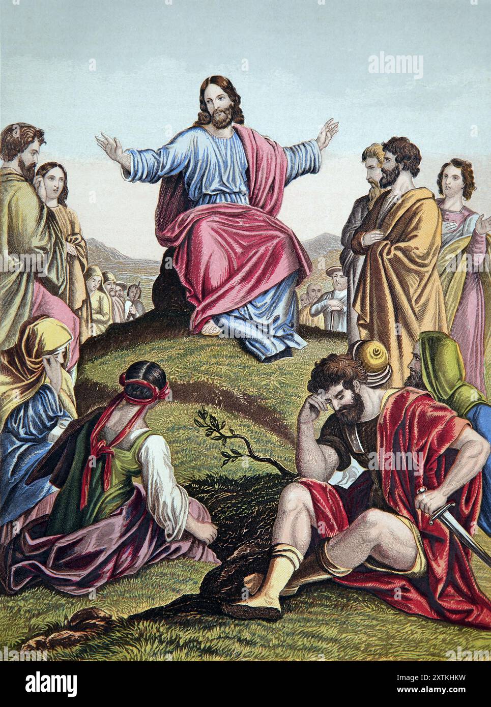 Illustrazione di Gesù Cristo sermone sulla montagna (Vangelo di Matteo) che insegna i suoi discepoli e ascoltatori dalle Sacre Scritture antiche del XIX secolo wi Foto Stock
