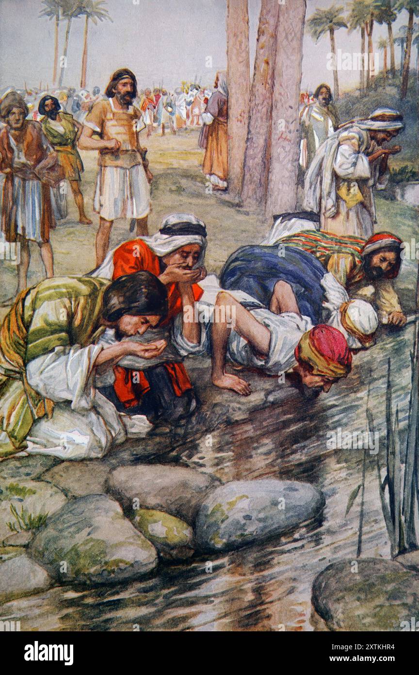Illustrazione di Gideone che scelse i suoi soldati (giudici) Dio informò Gideon che aveva troppi uomini nel suo esercito e gli ordinò di portare gli uomini al W Foto Stock