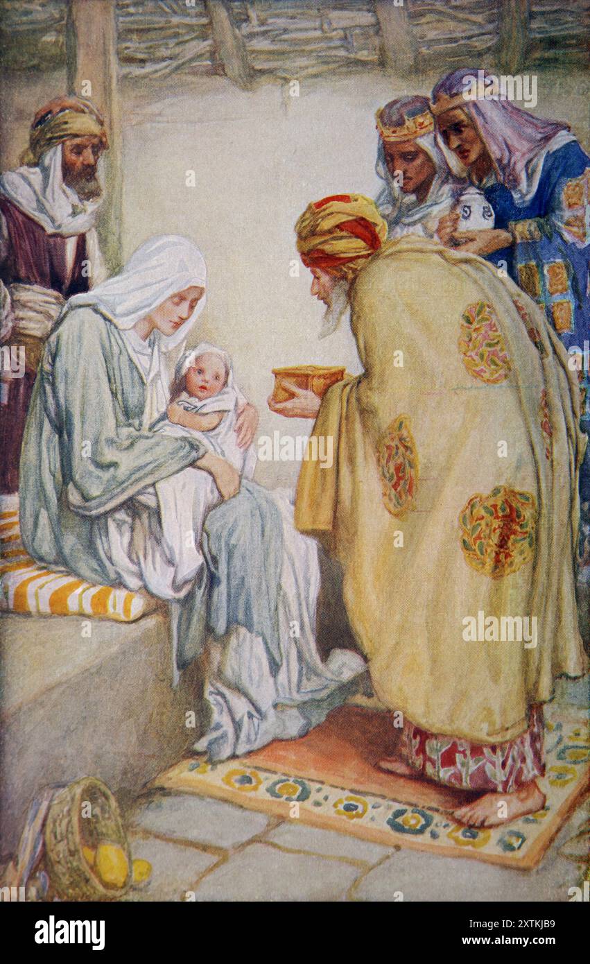 Illustrazione del Presepe tre saggi che regala oro, incenso e mirra a Gesù bambino dal libro antico del XIX secolo The Precious Gift Bi Foto Stock