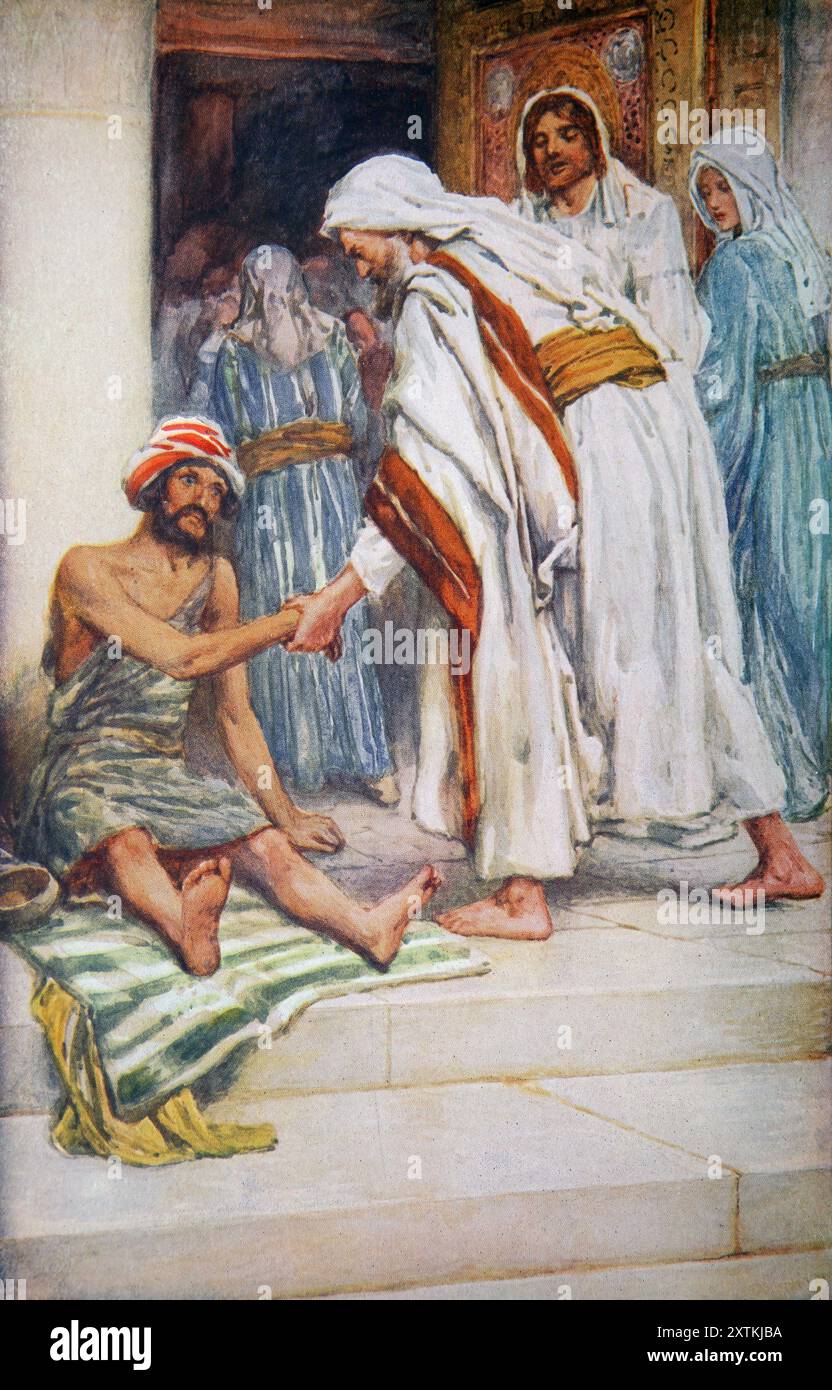 Pietro e Giovanni guariscono l'uomo di lame presso la splendida porta del Tempio di Gerusalemme (atti) dal libro antico del XIX secolo The Precious Gift Bi Foto Stock