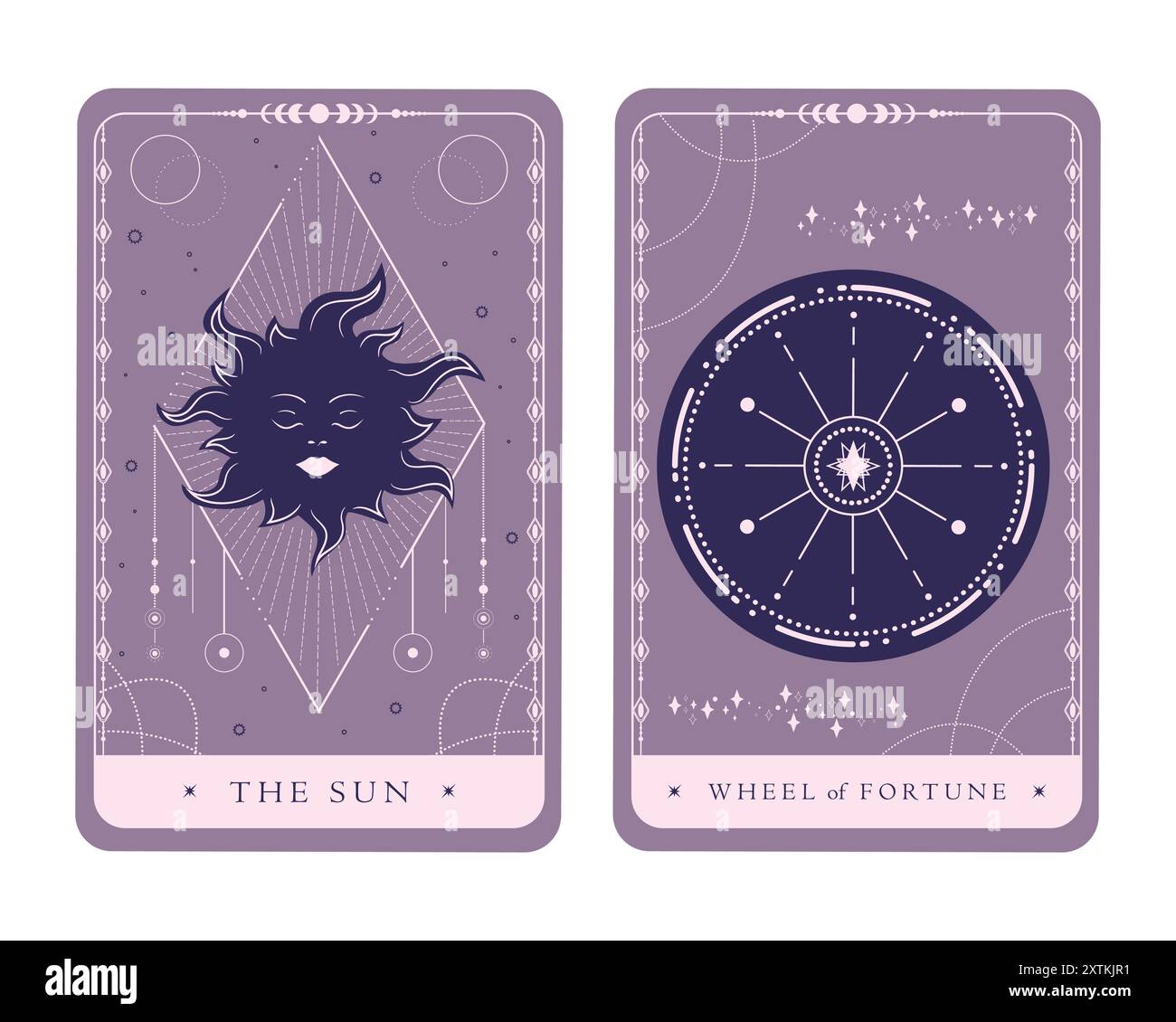 Carte magiche di tarocchi celesti del maggiore Arcana. I Tarocchi simboleggiano il Sole e la ruota della fortuna. Mistero, astrologia, alchimia. Illustrazione vettoriale Illustrazione Vettoriale