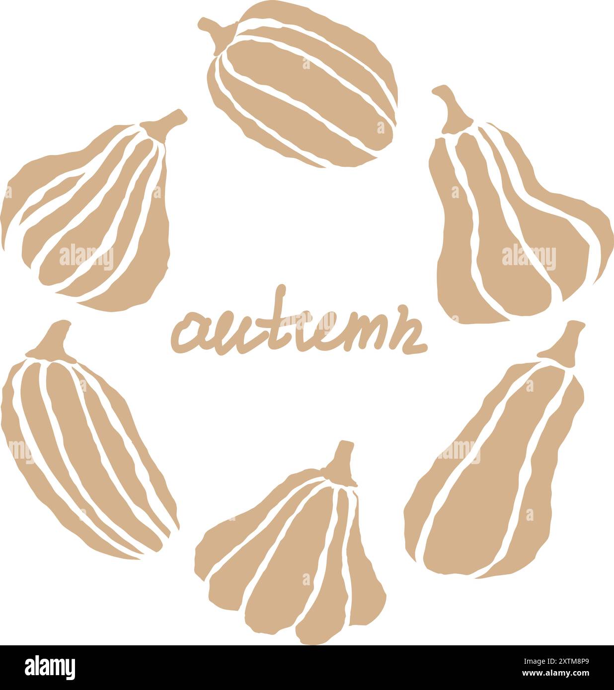 Zucche beige disposte in un motivo circolare con scritte artistiche per un arredamento autunnale Illustrazione Vettoriale