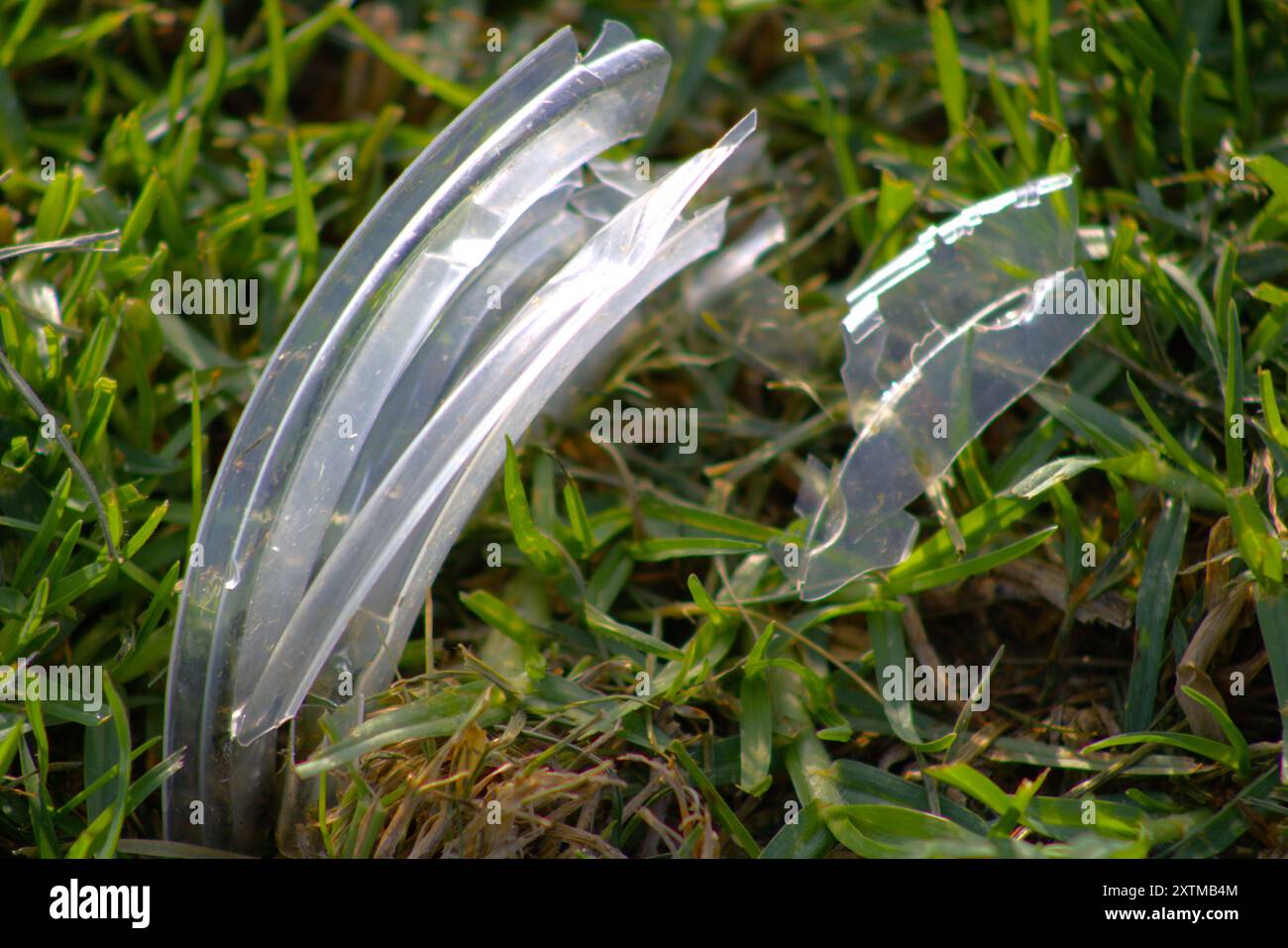 coperchio di plastica rotto adagiato sull'erba Foto Stock