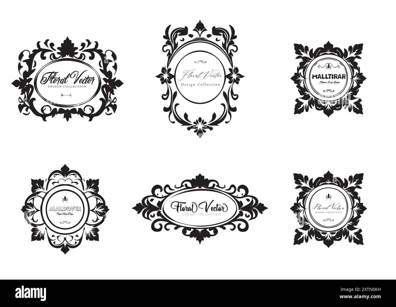 Elegant Collection di nove emblemi floreali vintage su sfondo nero per progetti creativi e per aziende di branding e arredamento Illustrazione Vettoriale