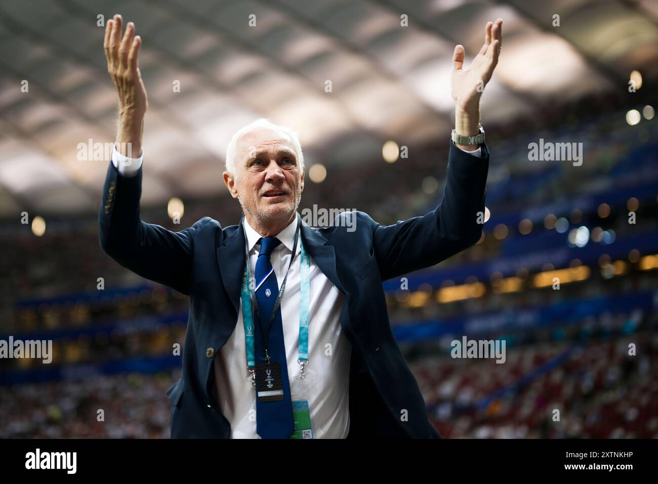 Varsavia, Polonia. 14 agosto 2024. Antonio Percassi gesta prima della partita di calcio della Supercoppa UEFA 2024 tra il Real Madrid CF e l'Atalanta BC. Crediti: Nicolò campo/Alamy Live News Foto Stock