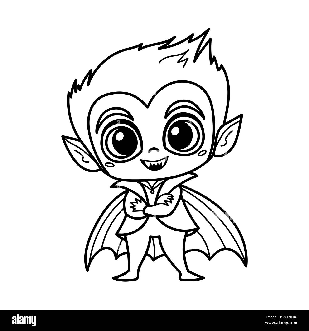 Vampiro cartoni animati con occhi grandi, zanne affilate e ali di pipistrello, perfetto per progetti a tema Halloween, libri da colorare per bambini Illustrazione Vettoriale