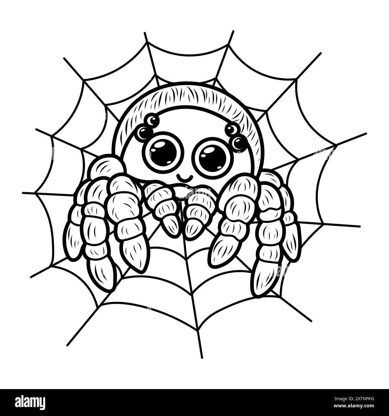 Illustrazione vettoriale di adorabile ragno cartoni animati con grandi occhi espressivi appollaiati su una ragnatela. Perfetto per colorare libri Illustrazione Vettoriale