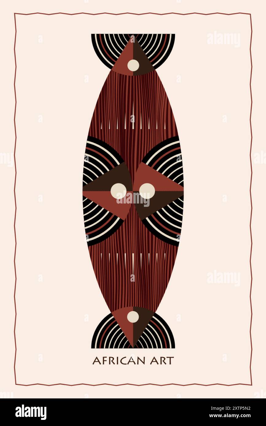 Scudo africano in legno, tavola tradizionale con ornamento tribale etnico, stile cartoni animati isolato su sfondo bianco. Decorata con arte afro, etnica Illustrazione Vettoriale