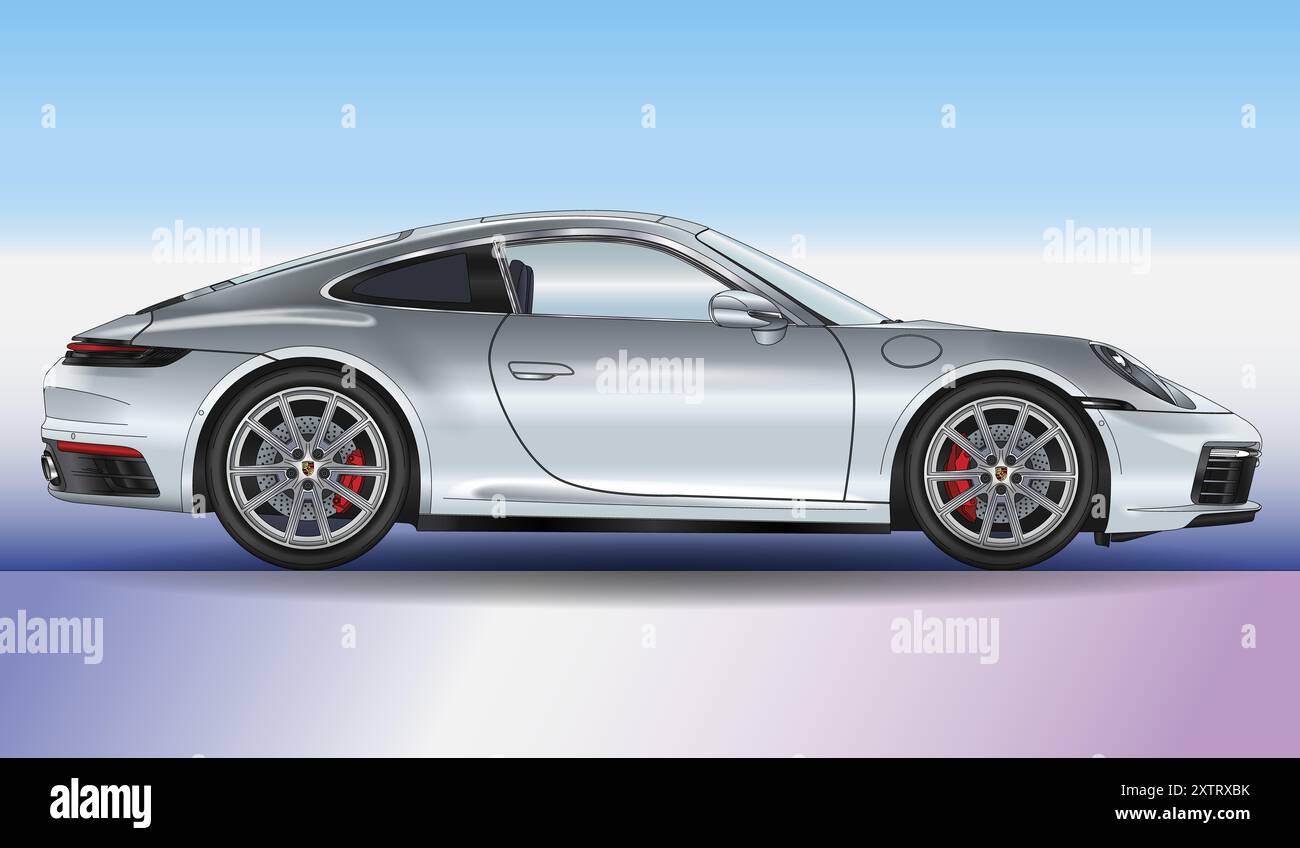 Stoccarda, Germania, anno 2019 - Porsche 992 Carrera S modello di auto sportiva, ottava generazione della Porsche 911, silhouette e illustrazione colorata Foto Stock