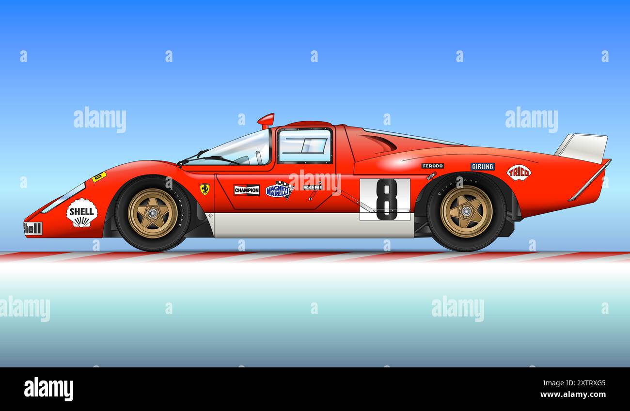 Maranello, Modena, Italia, anno 1970 - Ferrari 512 S sportiva, campionato prototipi sportivi 1970, sagoma vintage delineata, illustrazione colorata Foto Stock