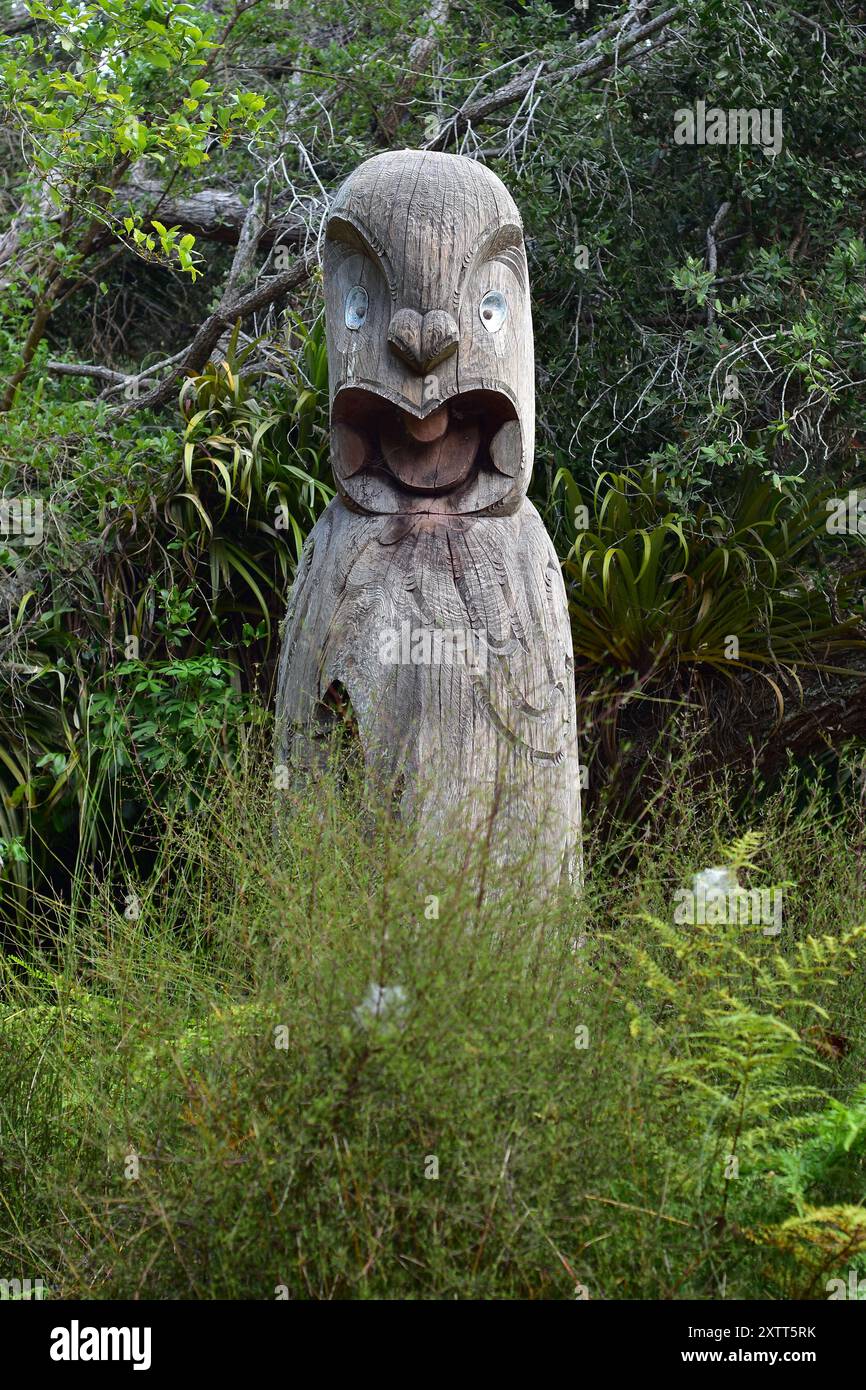 Statua in legno intagliato polinesiano con occhi di conchiglia di abalone nel parco tra alberi e arbusti. Ubicazione: Auckland nuova Zelanda Foto Stock