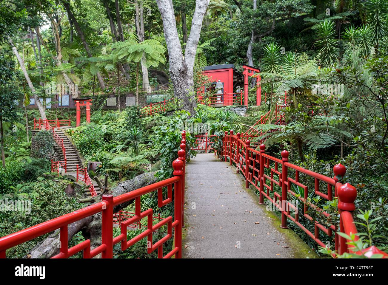 Le ringhiere rosse navigano i turisti intorno alla lussureggiante vegetazione dei Giardini del Monte Palace, Funchal a Madeira, visti il 31 luglio 2024. Foto Stock
