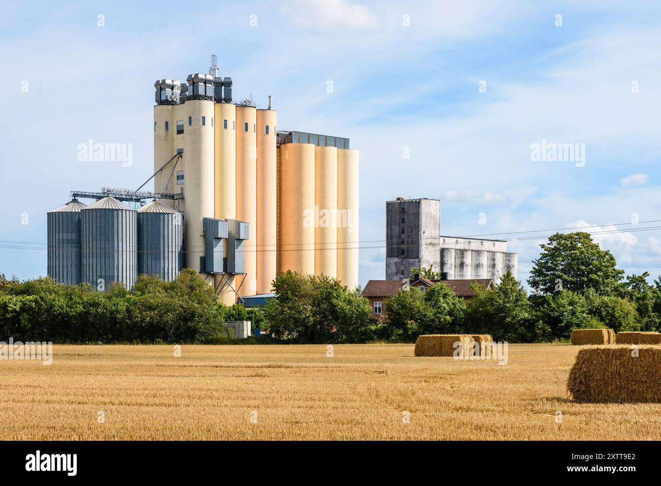 Due silos a torre di grano in campagna con balle di paglia in primo piano in una soleggiata giornata estiva. Foto Stock