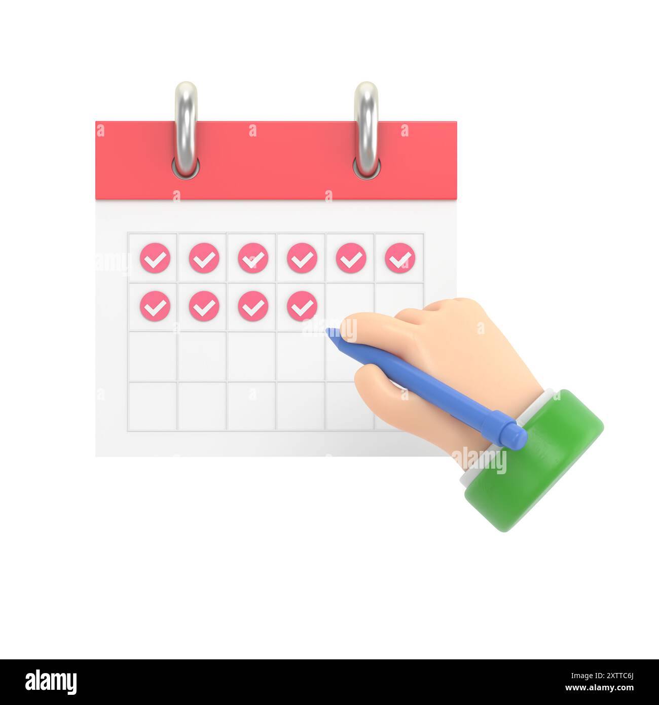 Icona dei gesti dei cartoni animati Mockup.uomo d'affari firma le mani sul calendario, rendering 3D su sfondo bianco. Foto Stock