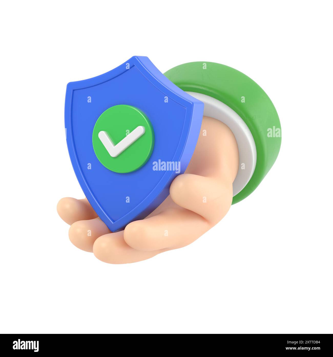 Icona dei gesti dei cartoni animati Mockup.3D con la mano che tiene lo scudo di sicurezza e il lucchetto. Protezione dei dati personali. Concetto di accesso sicuro. Verifica riuscita.3D r Foto Stock