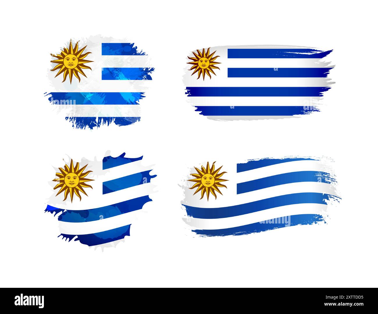 Set di icone isolate modificabili con bandiera uruguaiana. Pennellate le forme, bandiera dell'Uruguay sfondo con maschera di ritaglio. Ondulazione tradizionale e 3D. Illustrazione Vettoriale