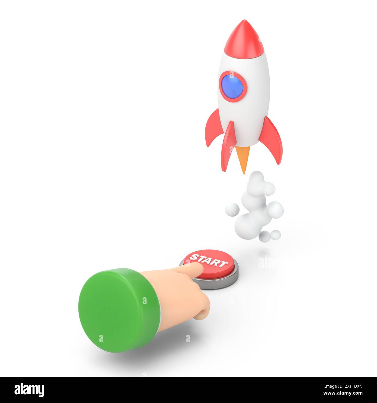Icona movimento cartoni animati Mockup. L'uomo d'affari isometrico 3d piatto preme il pulsante di avvio per lanciare un razzo spaziale. Concept di avvio aziendale.rendering 3D. Foto Stock